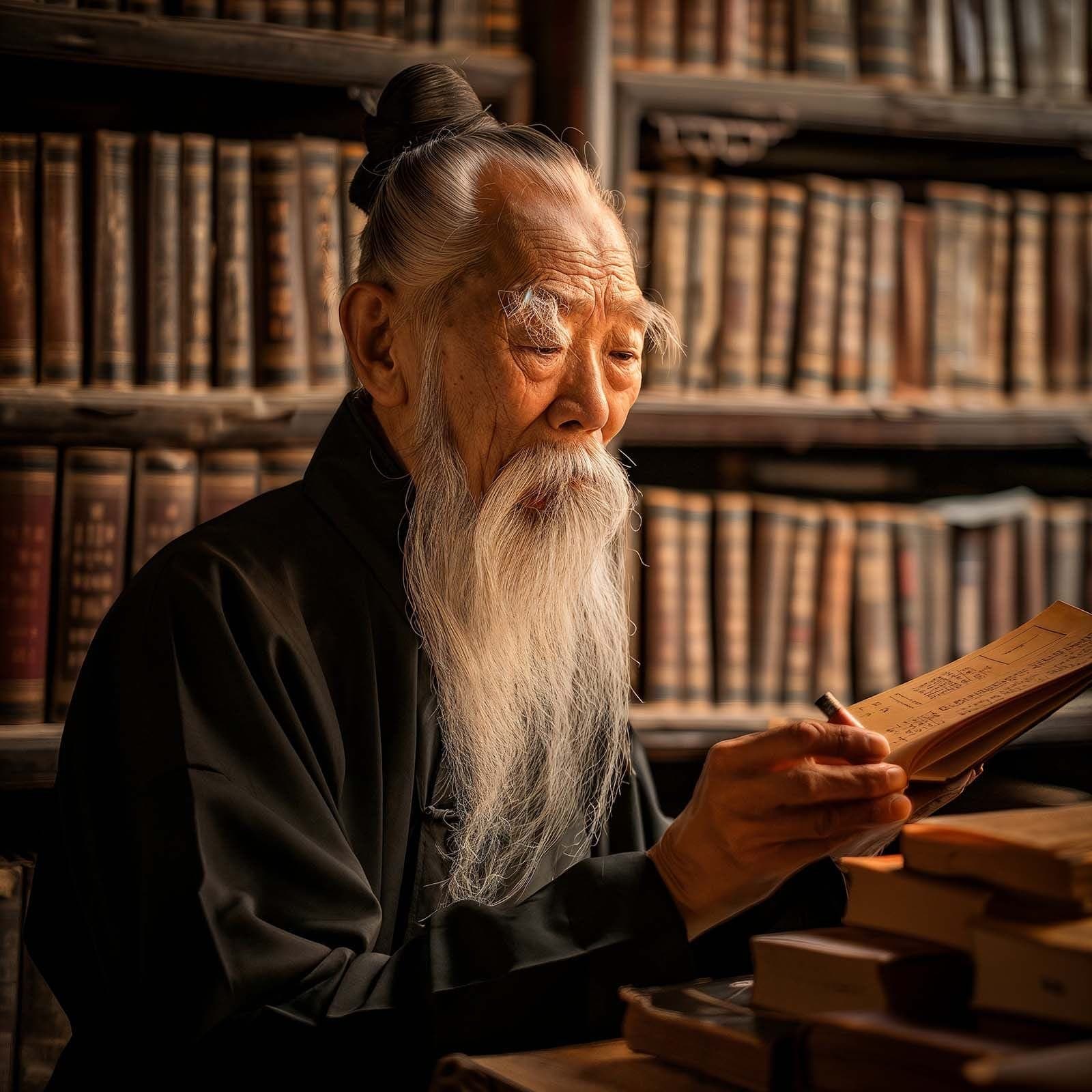 Master Tao writing a Chinese horoscope in a library.